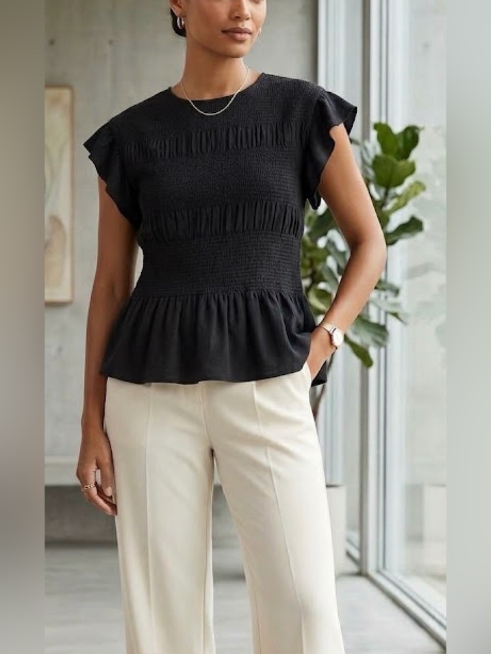 Umgee linen cotton Smocked Ruffle Sleeve Blouse peplum formal basic casual boho